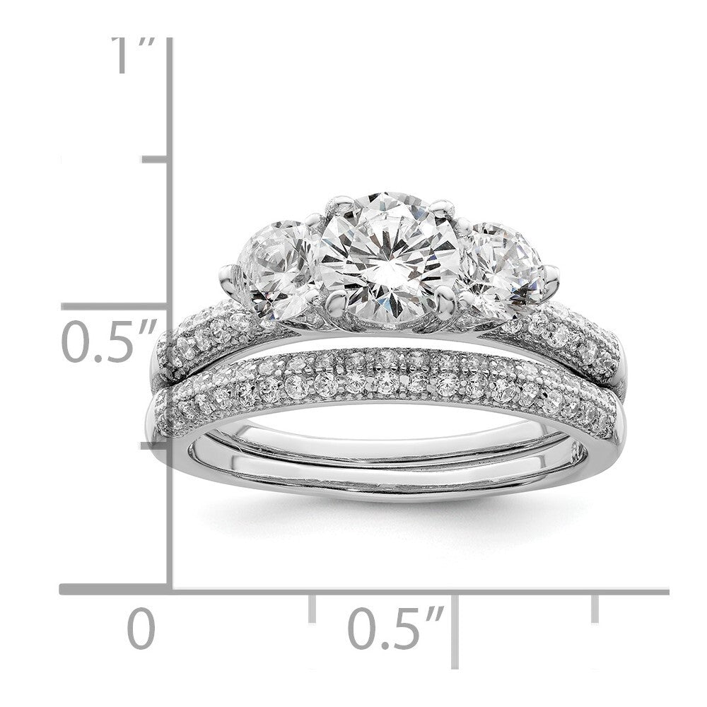Sterling Silver Rhodium-plated CZ 3 Stone Pave Band Engagement Ring Set Size 8