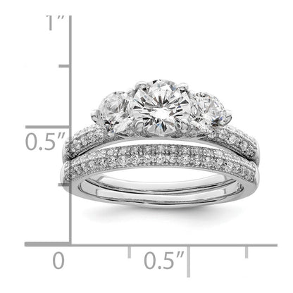 Sterling Silver Rhodium-plated CZ 3 Stone Pave Band Engagement Ring Set Size 8