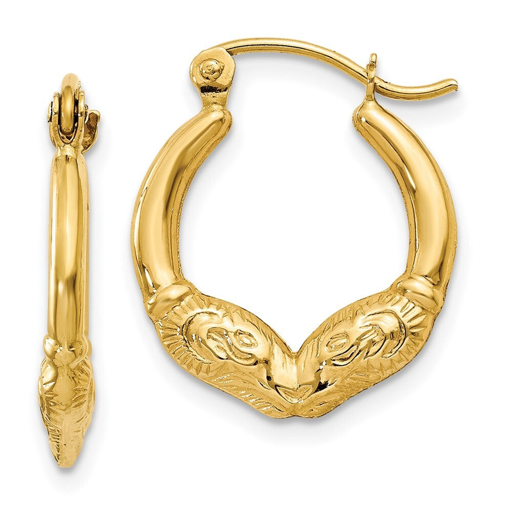14k Yellow Gold Ram Head Hoop Earrings Gift for Women