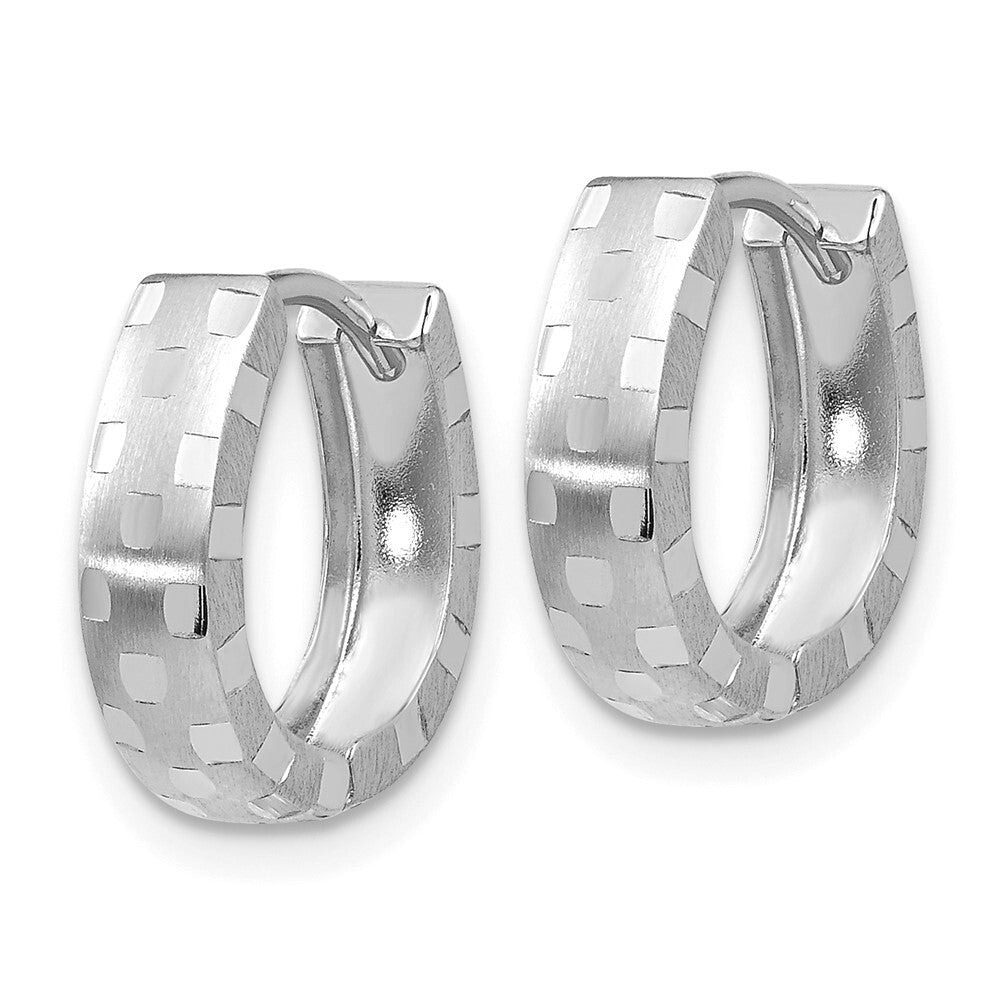 14K White Gold Diamond Cut 4mm Patterned Hinged Hoop Earrings Gift for Women