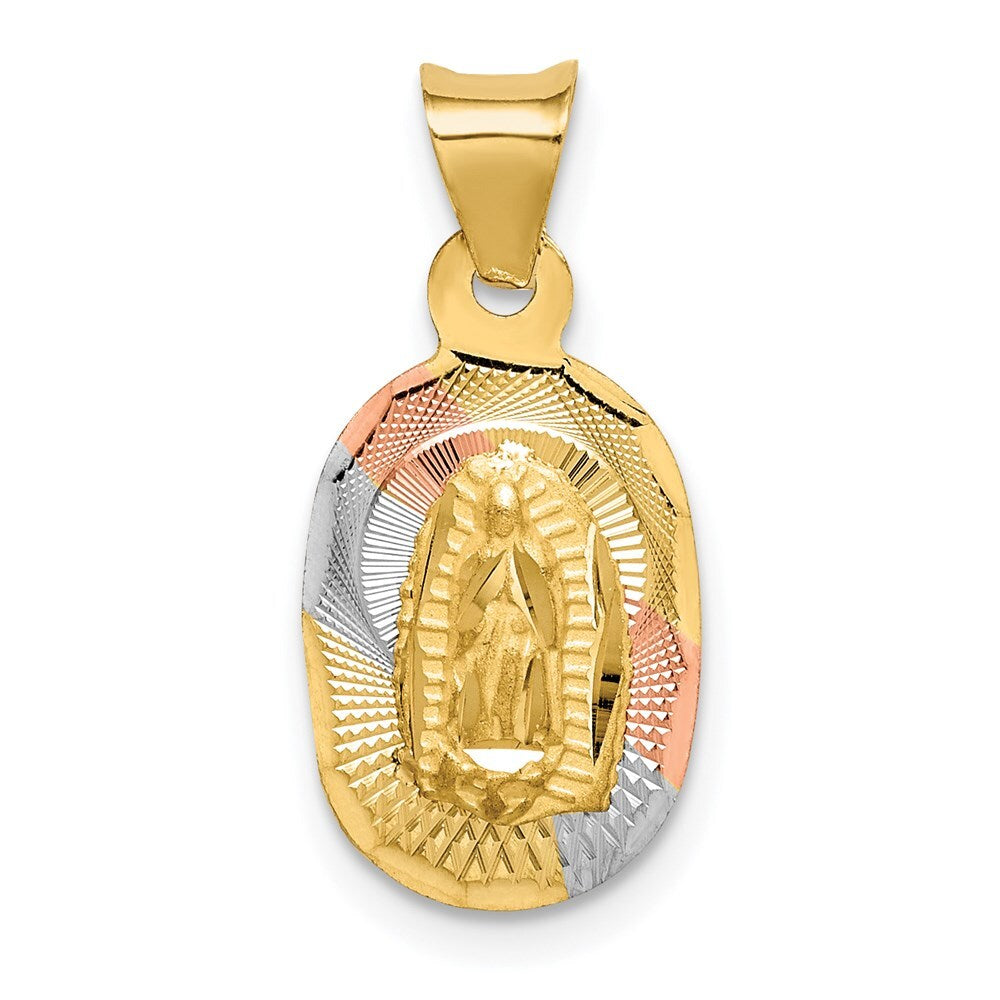 14k Yellow Gold Rhodium Diamond-Cut Lady Of Guadalupe Oval Pendant for Women