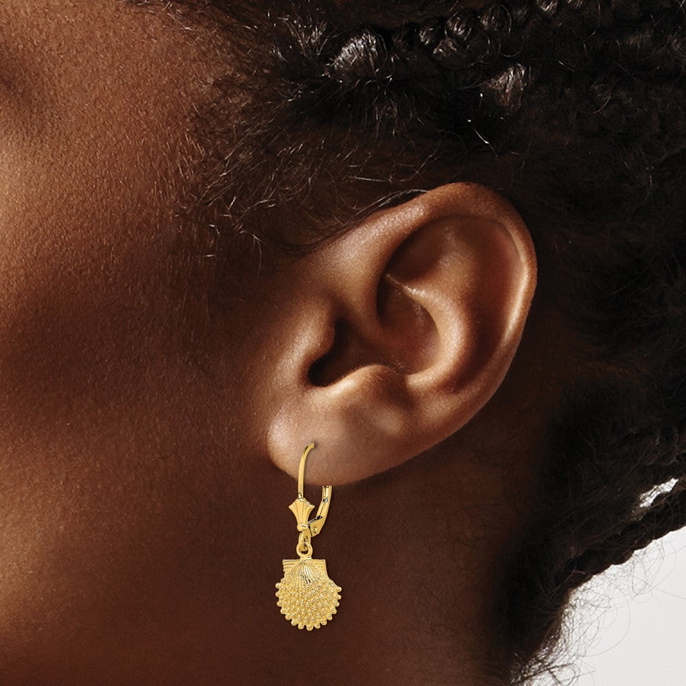 14k Yellow Gold 2-D Beaded Scallop Shell Drop Dangle Earrings