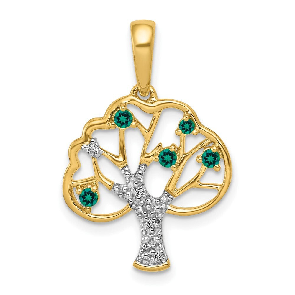 14k Yellow Gold Created Emerald and Diamond Polished Tree Pendant for Women