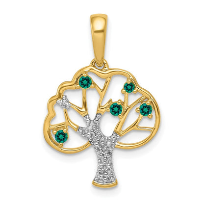 14k Yellow Gold Created Emerald and Diamond Polished Tree Pendant for Women