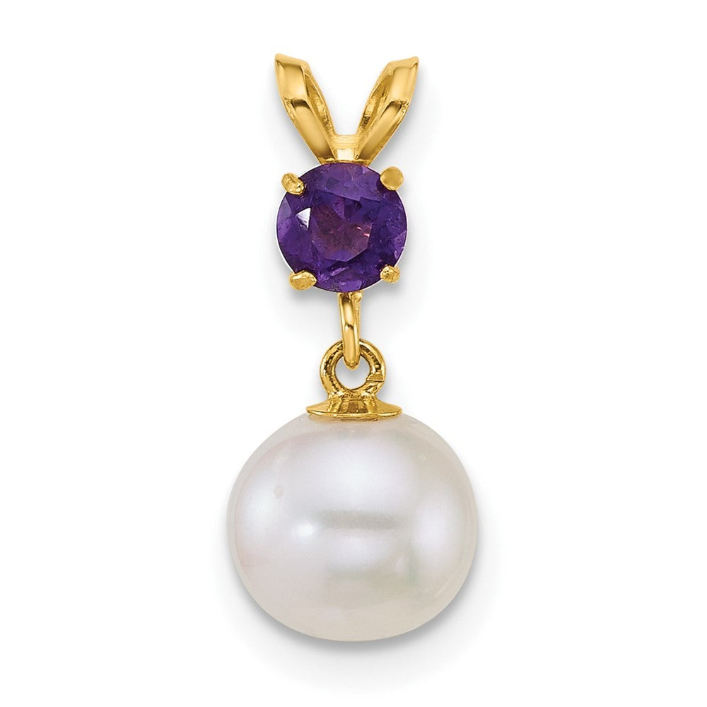 14k Yellow Gold 7-8mm Round White Cultured Pearl Dangle and Amethyst Pendant