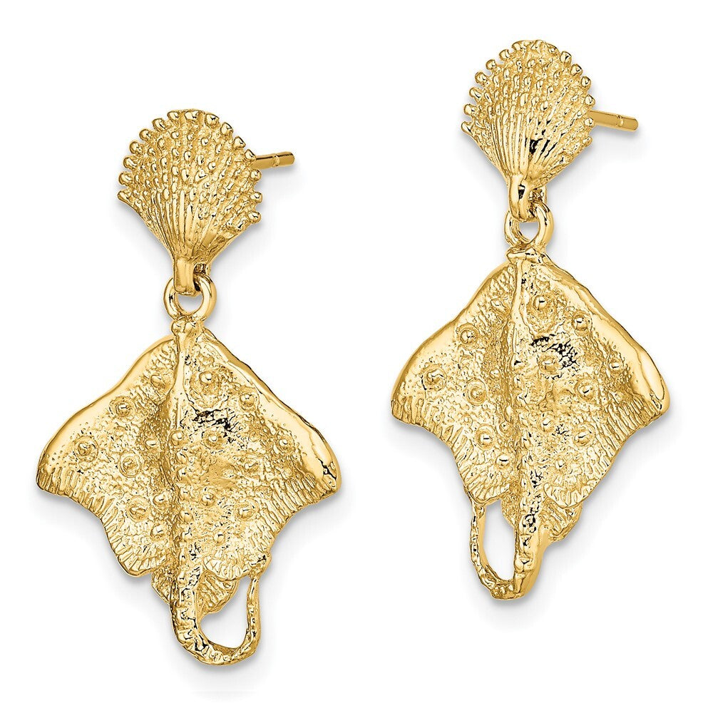 14k Yellow Gold Shell and Stingray Post Dangle Earrings
