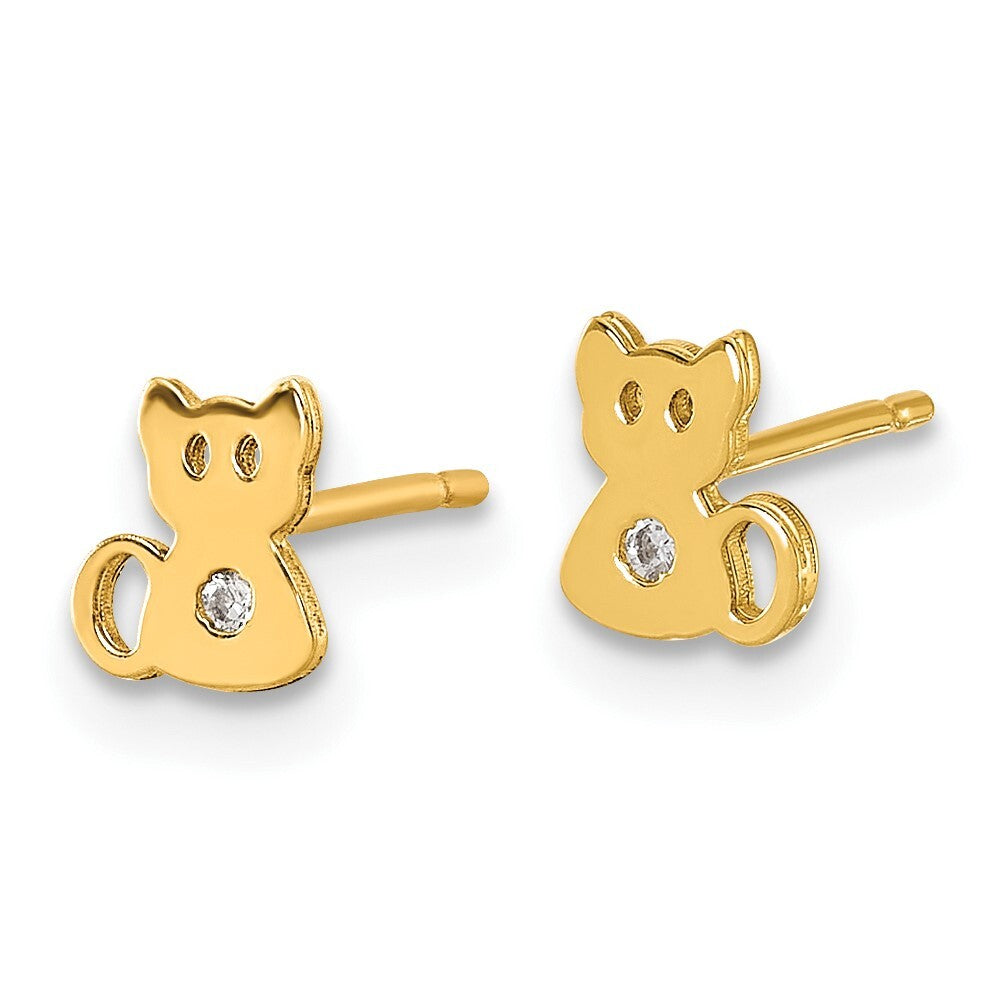 14k Yellow Gold Polished Cubic Zirconia Cat Stud Earrings Gift for Women