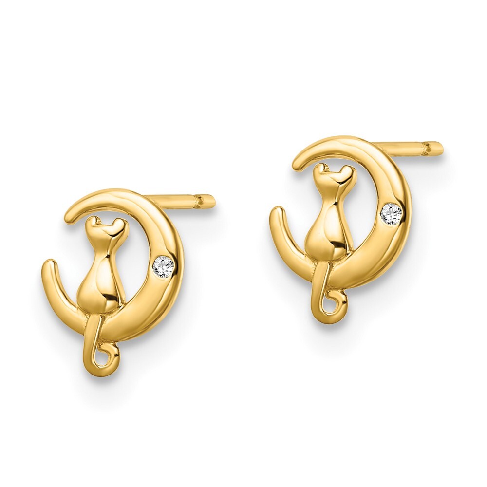 14k Yellow Gold Cubic Zirconia Cat on the Moon Stud Earrings Gift for Women