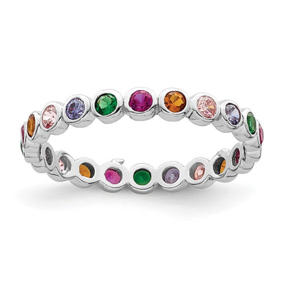 Sterling Silver Rhodium-plated Polished Multi-Color CZ Band Ring Size 7