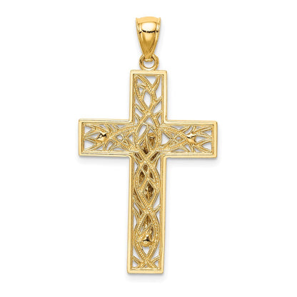 14k Two-tone Gold Satin Polished Diamond-Cut Crucifix Vines Pendant for Women