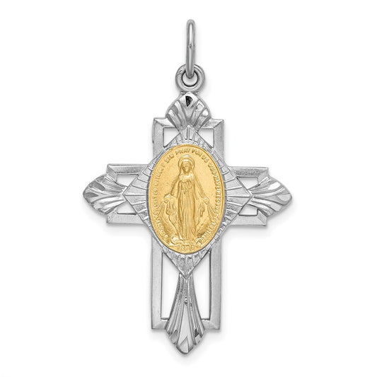 Sterling Silver Rhodium-plated Gold Tone Miraculous Medal Pendant Cross Pendant