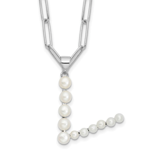 Sterling Silver 3-5.5mm White Button Cultured Pearl LETTER V Necklace 18"