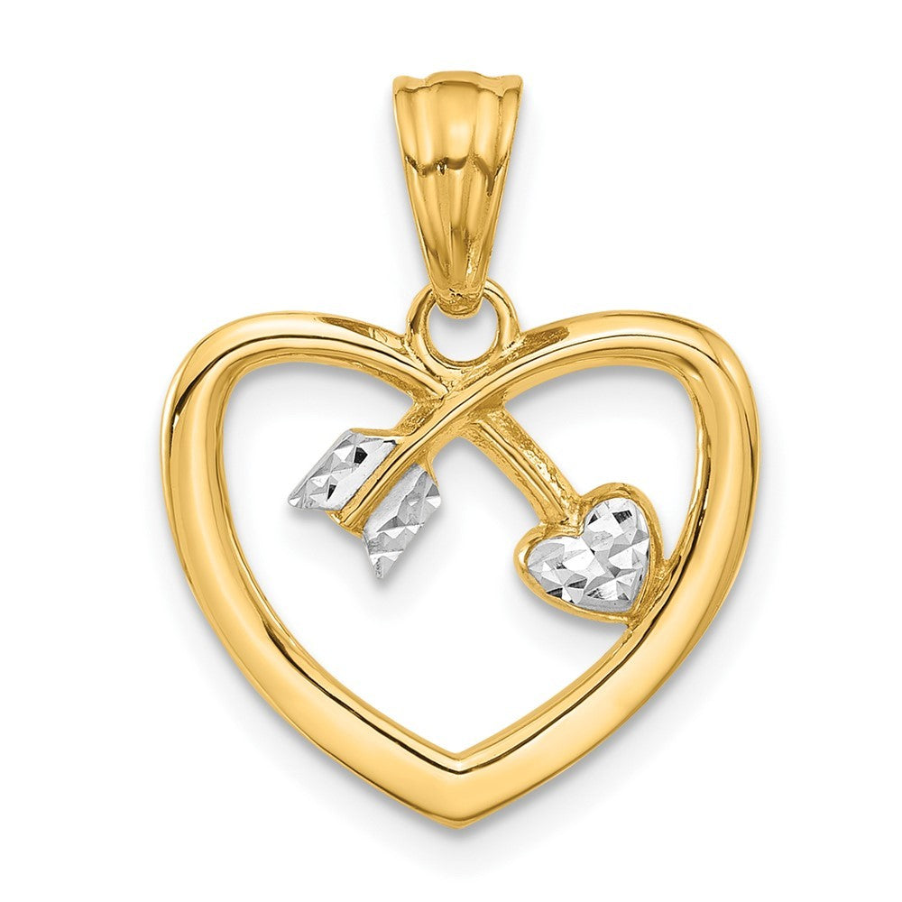 14k Yellow Gold with White Rhodium Diamond-cut Heart Arrow Pendant