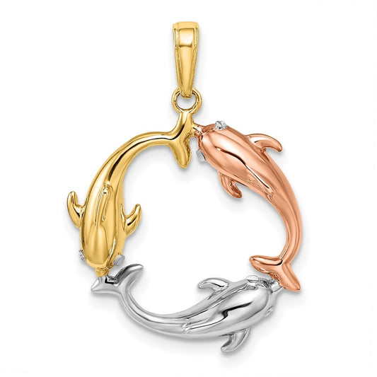 14k Tri-Color Gold Tri-color Triple Dolphin Circle Pendant for Women