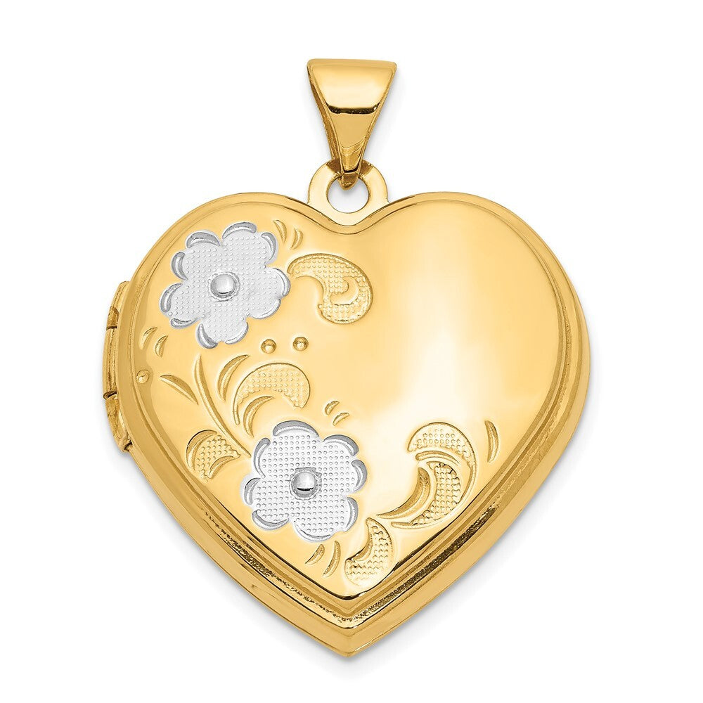 14k Yellow Gold White Rhodium Floral Heart Locket