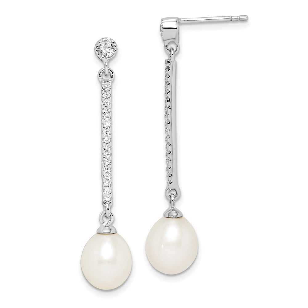Sterling Silver 8-9mm Rice Freshwater Cultured Pearl and CZ Dangle Earrings