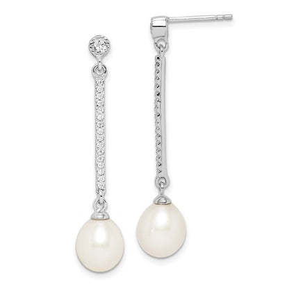 Sterling Silver 8-9mm Rice Freshwater Cultured Pearl and CZ Dangle Earrings
