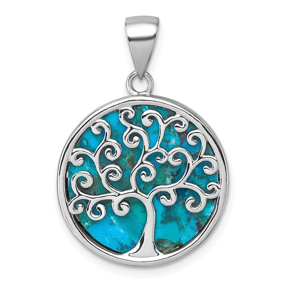 Sterling Silver RH-plated Compressed Turquoise Tree Of Life Pendant