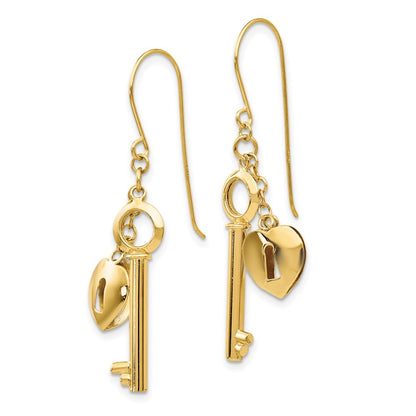 14k Yellow Gold Puff Heart Lock and Key Earrings