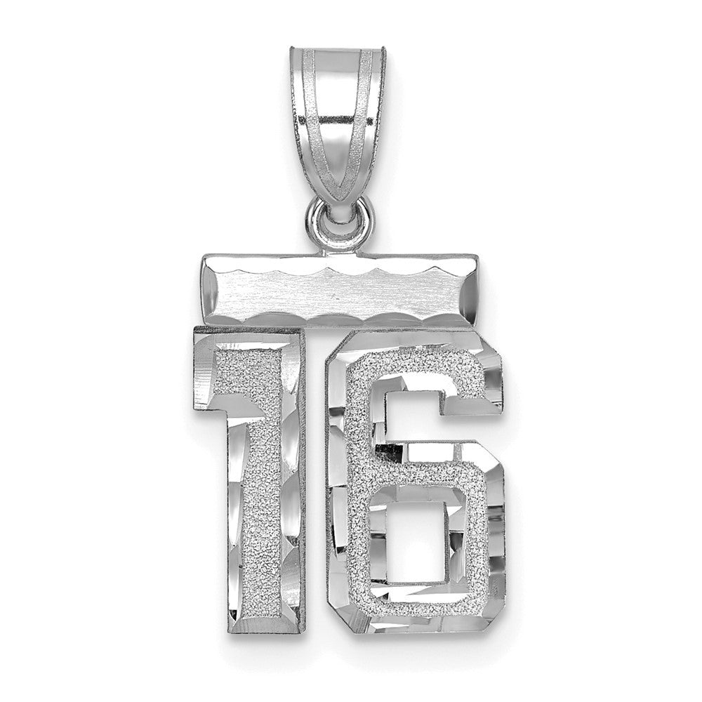 14K White Small Brushed Diamond-cut Number 16 Charm