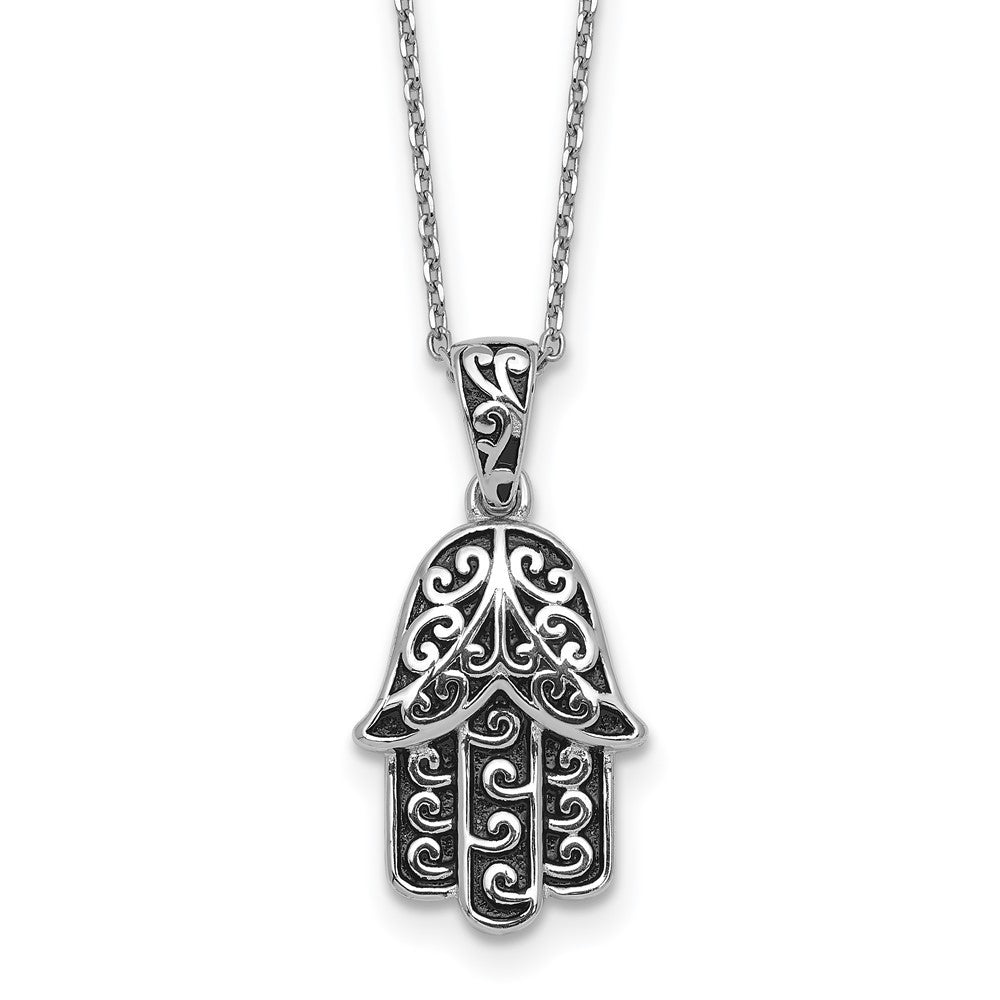 Sterling Silver Rhodium-plated Polished and Oxidized Filigree Hamsa 18" Necklace