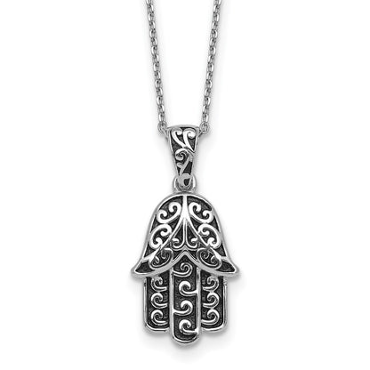 Sterling Silver Rhodium-plated Polished and Oxidized Filigree Hamsa 18" Necklace