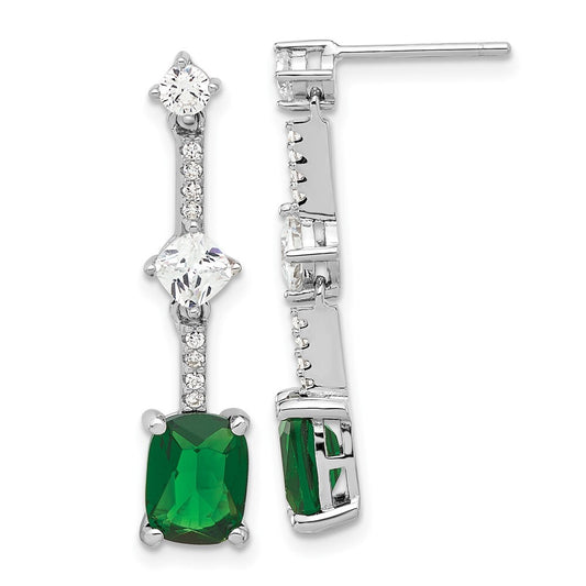 Sterling Silver RH-plated Fancy Green & White Cubic Zirconia Dangle Earrings