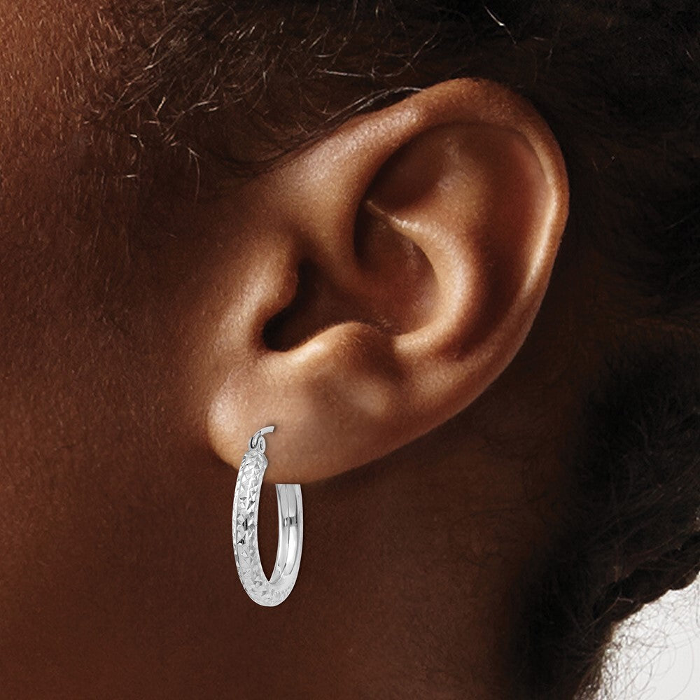 14k White Gold Diamond-cut 3mm Round Hoop Earrings Gift for Women