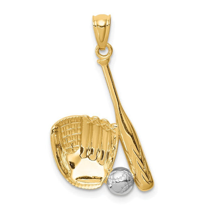 14k Yellow Gold White Rhodium Baseball Glove Bat Ball Pendant for Women
