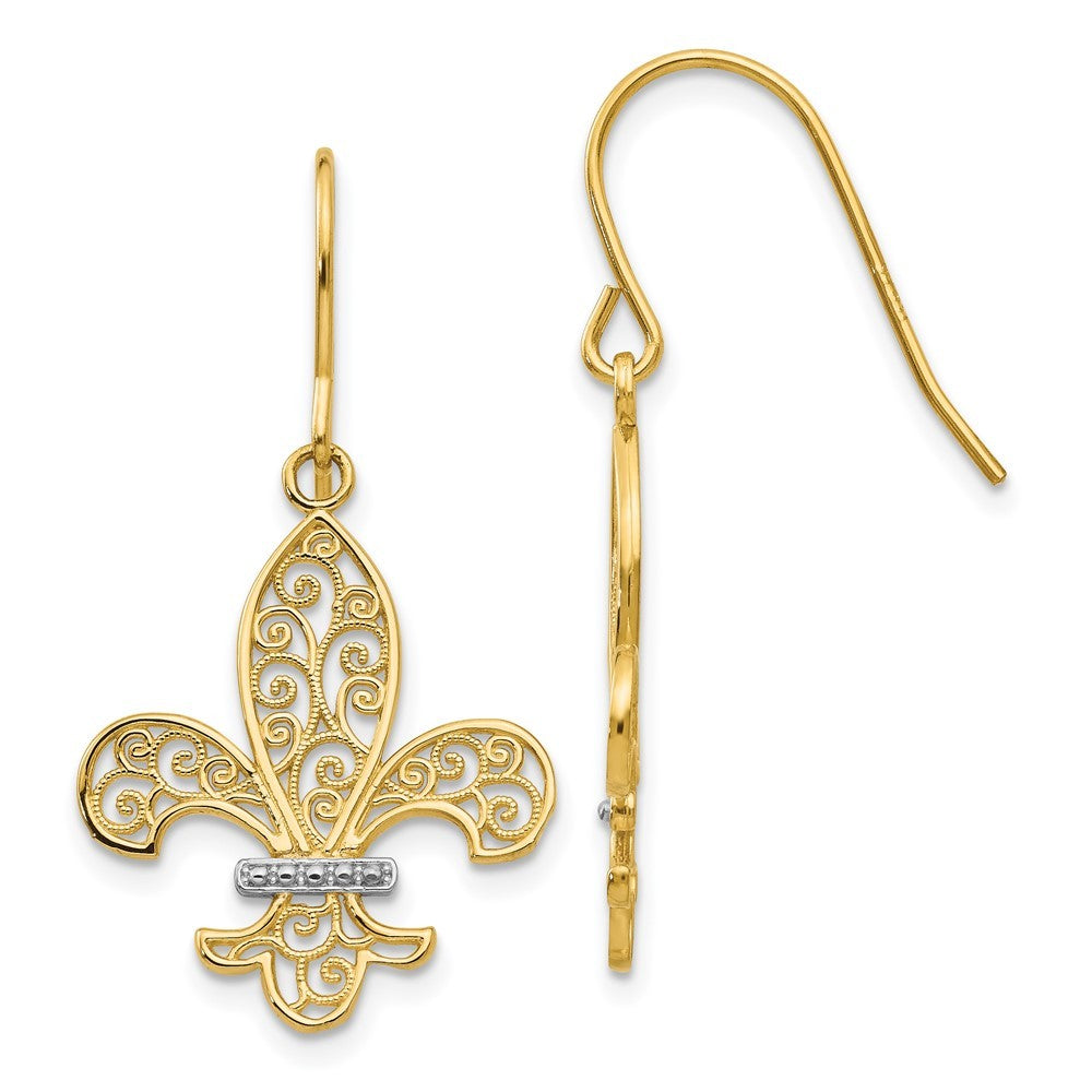 14k Yellow Gold & Rhodium Fleur de lis Drop Dangle Earrings w/ Shepherd Hook