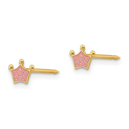 14k Yellow Gold Epoxy Fill Pink Crown Stud Earrings Gift for Women