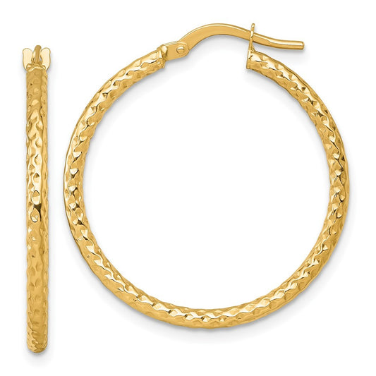 14k Yellow Gold Polished Diamond-cut Textured 2 x 28mm Tube Hoop Earrings