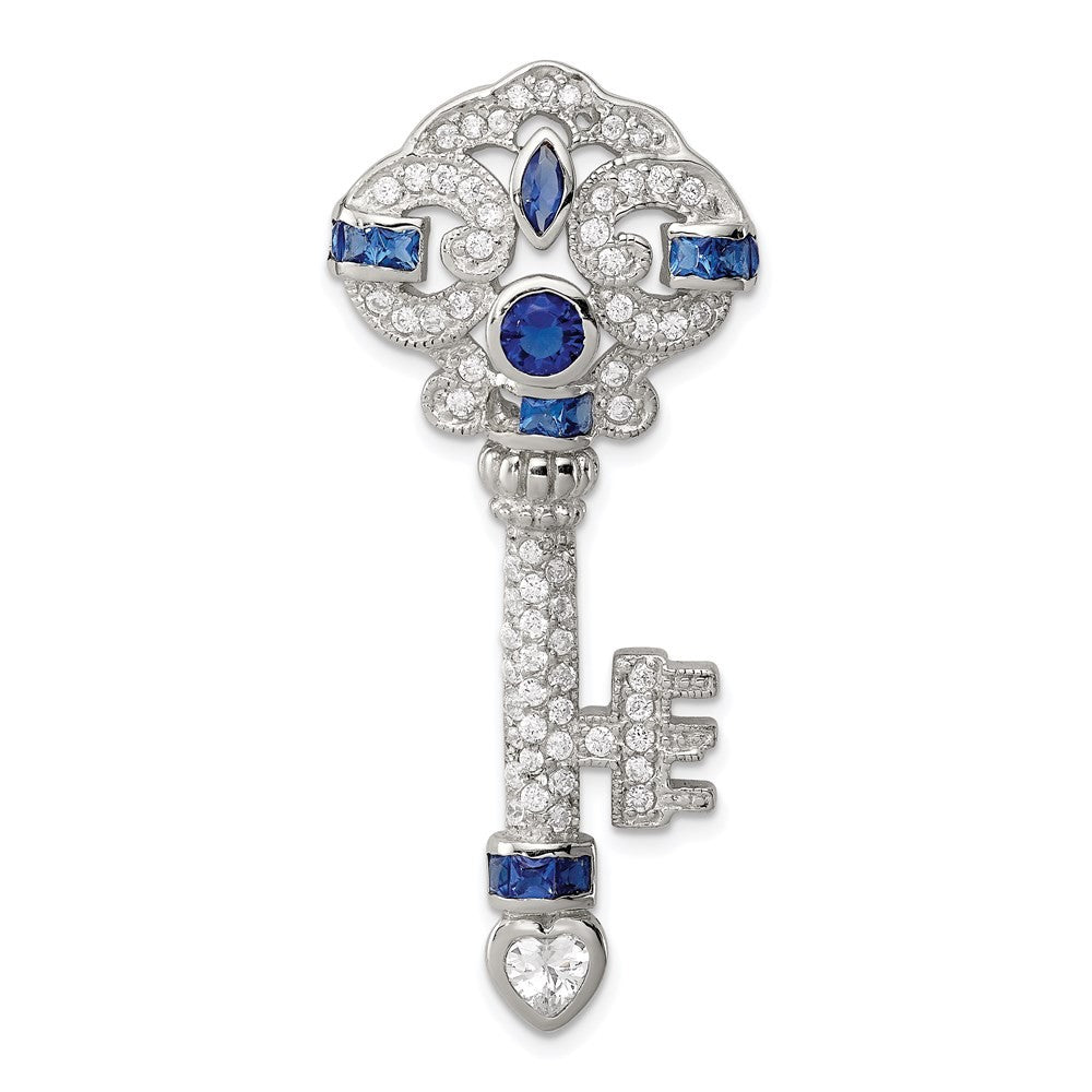 Sterling Silver Rhodium-plated Blue and Clear Cubic Zirconia Key Slide