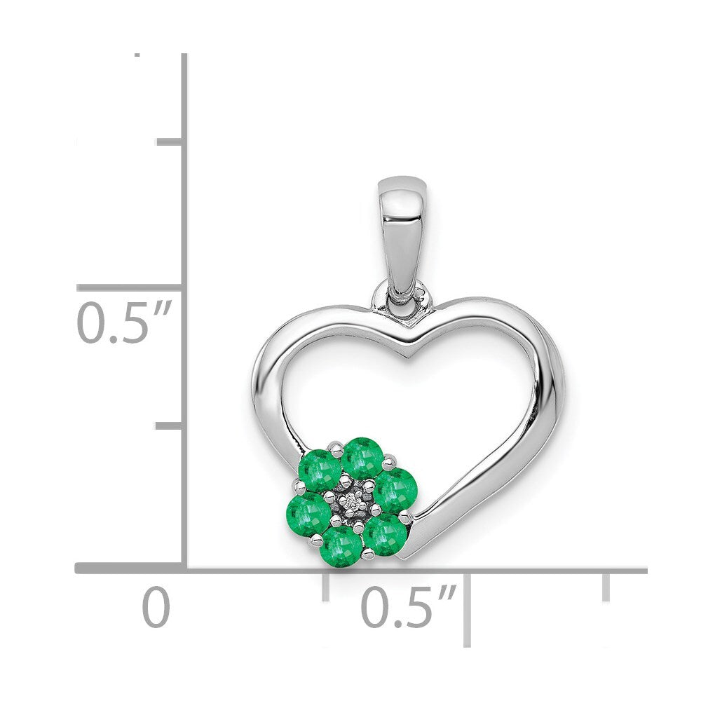 14k White Gold Diamond and Emerald Heart and Flower Pendant for Women