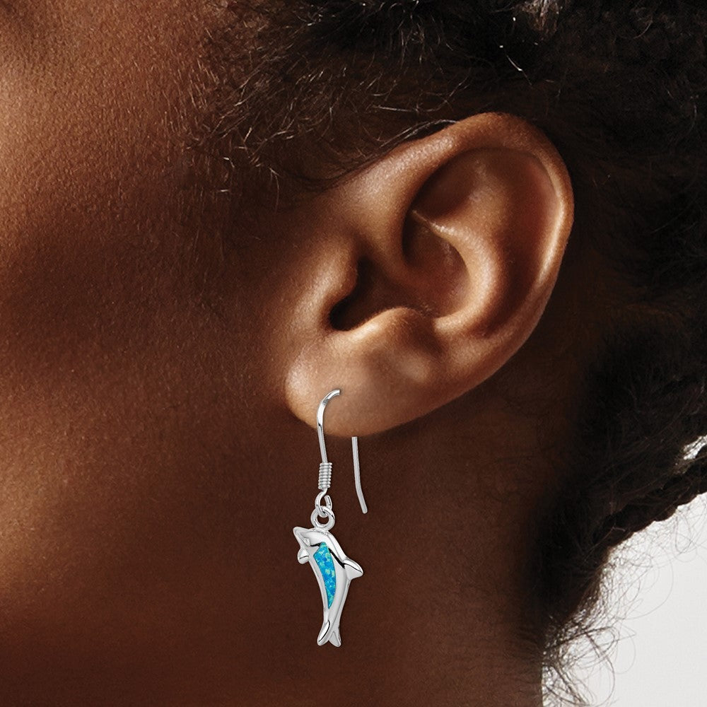 Sterling Silver Rhodium-plated  Created Blue Opal Inlay Dolphin Dangle Earrings