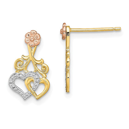 14k Two-tone Gold w/White Rhodium Hearts and Flower Drop & Dangle Earrings