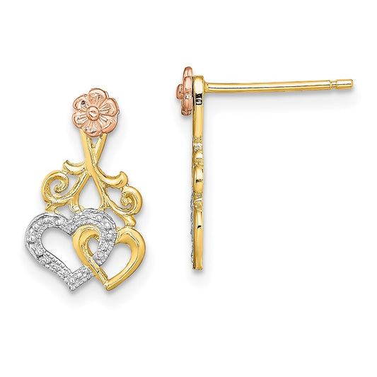 14k Two-tone Gold w/White Rhodium Hearts and Flower Drop & Dangle Earrings