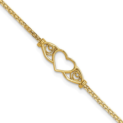 14k Yellow Gold Polished Open Heart with Filigree and Bismark Chain 9" Anklet