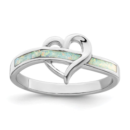 Sterling Silver Rhodium-plated White Created Opal Inlay Heart Ring Size 6