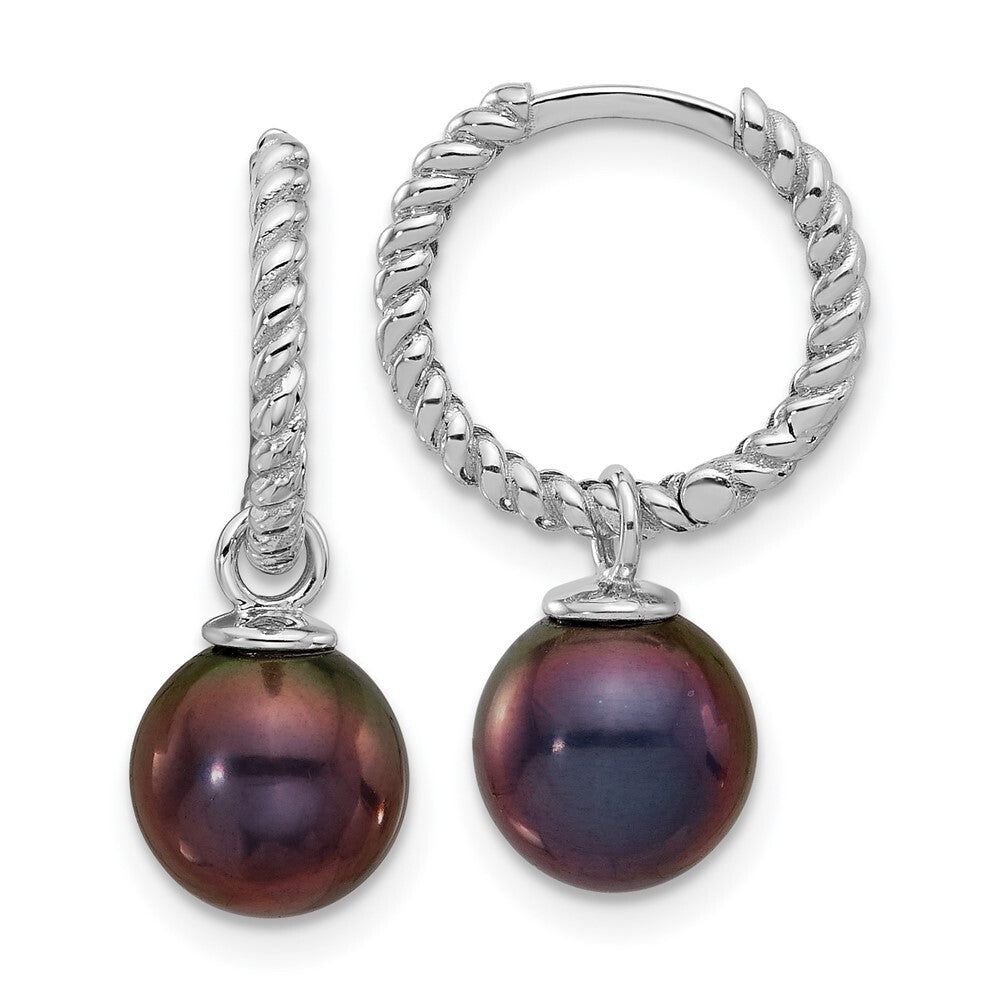 14k White Gold 8mm Black & White Cultured Pearl Removable Dangle Hoop Earrings