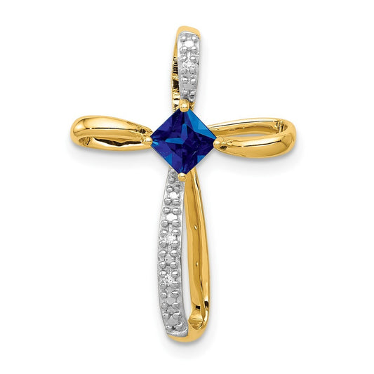 14k Yellow Gold Rhodium Lab Created Sapphire and Diamond Cross Slide Pendant