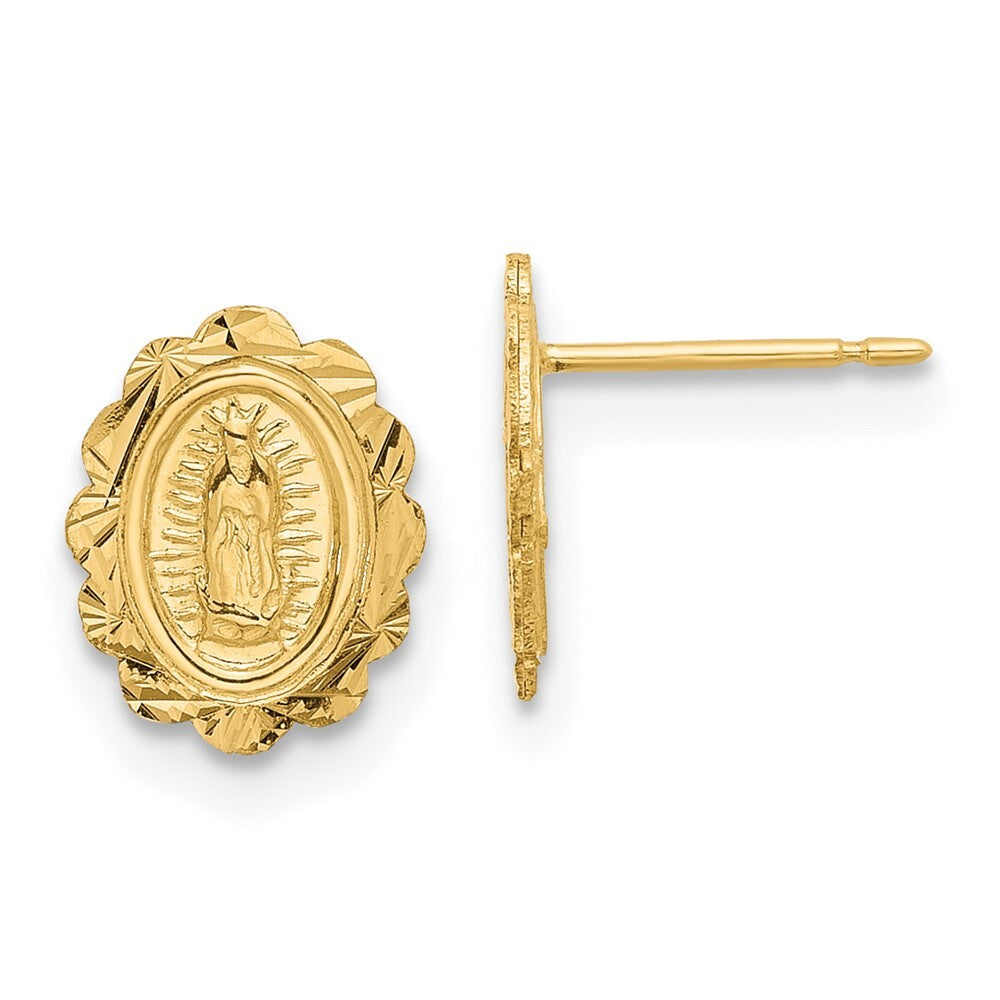 14k Yellow Gold Diamond Cut Miraculous Medal Stud Earrings Gift for Women