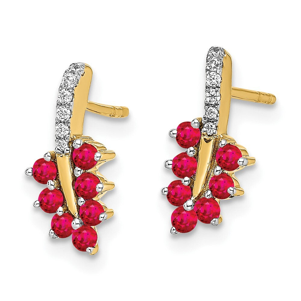 14k Yellow Gold Ruby and Diamond Leaf Drop & Dangle Earrings