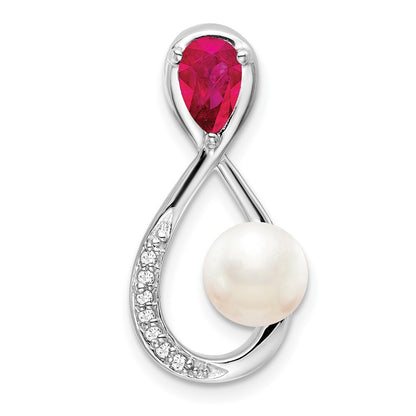 14k White Gold Ruby/FWC Pearl/Diamond Infinity Chain Slide Pendant for Women