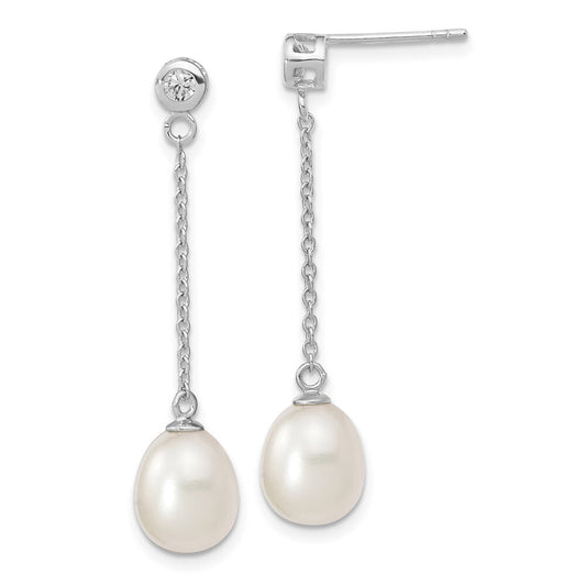 Sterling Silver 8-9mm Rice Cultured Pearl & Cubic Zirconia Post Dangle Earrings