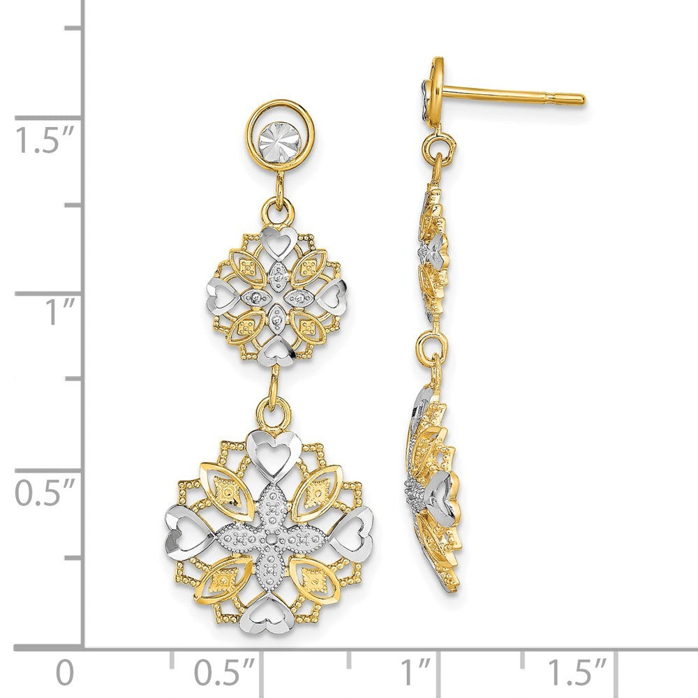 14k Yellow Gold w/ Rhodium Diamond-Cut Flower & Heart Dangle Earrings