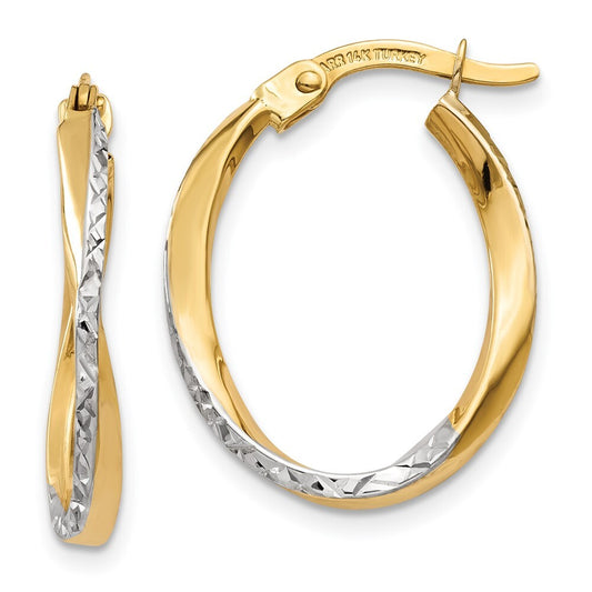 14k Yellow Gold White Rhodium Textured and Polished Oval Hoop Earrings