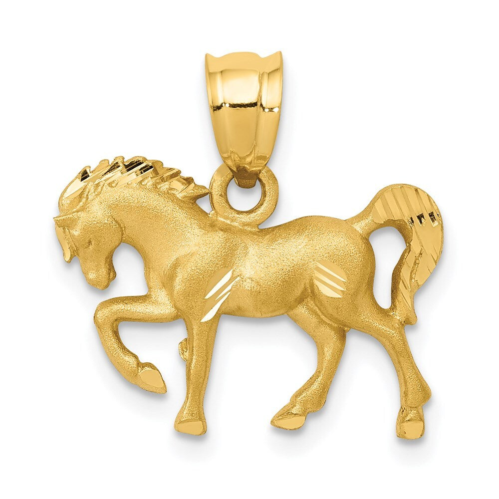 14k Yellow Gold Satin Diamond-cut Horse Pendant for Women