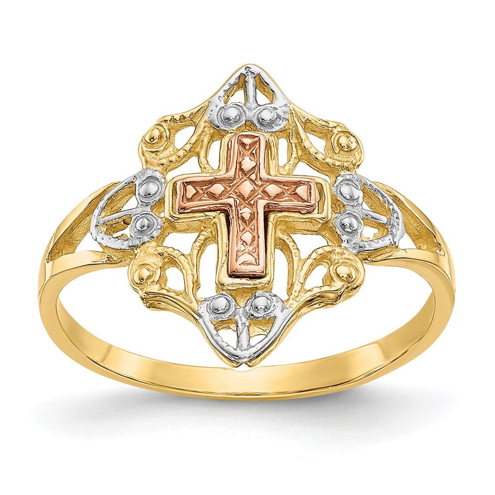 14K Two-tone Gold White Rhodium Cross Ring