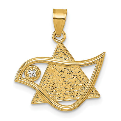 14k Yellow Gold Textured Cubic Zirconia Bird and Triangle Star of David Pendant